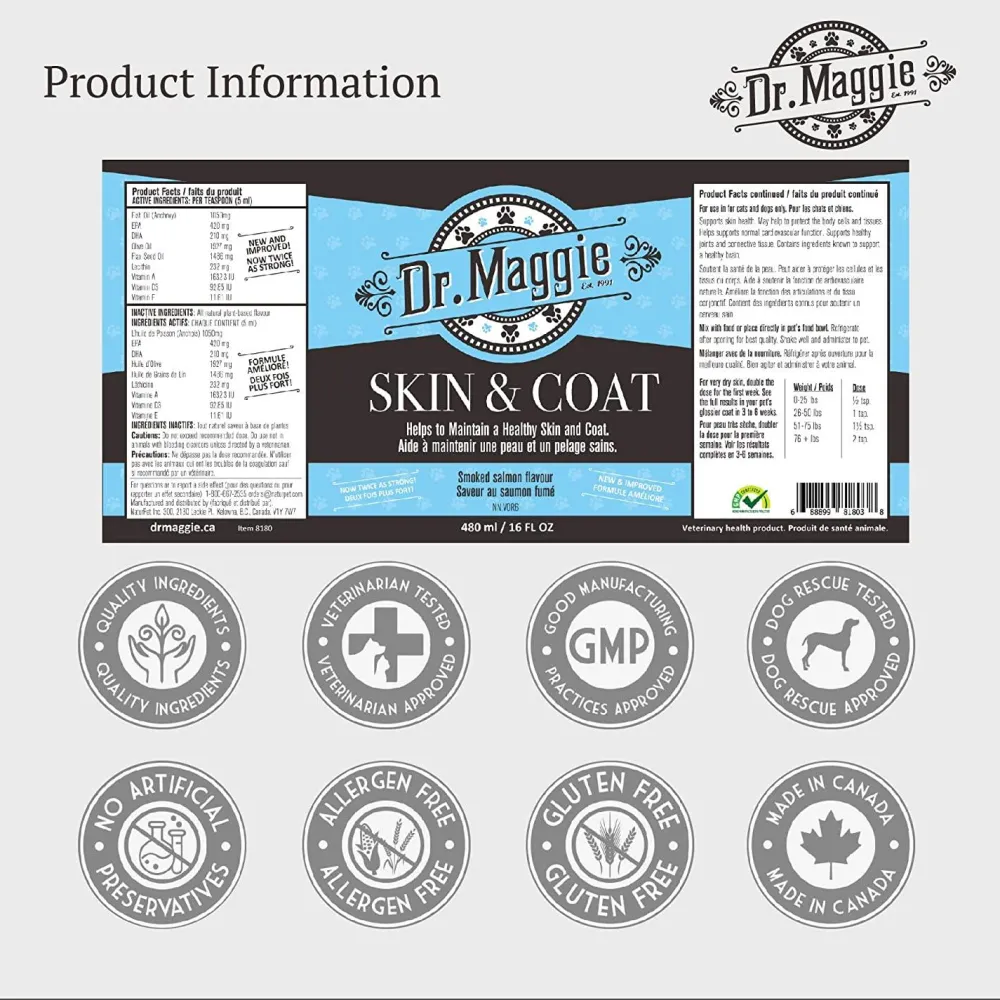 New Dr. Maggie Skin and Coat Omega 3 Supplement with Fish Oil, Flax, and Olive Oil Supplies Leashes, Collars, Beds, Flea & Tick, Etc.
